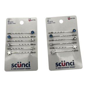 Lot Of 2 Scunci Silver Tone Bobby Pins With Rhinestones Star Design 4th Of July